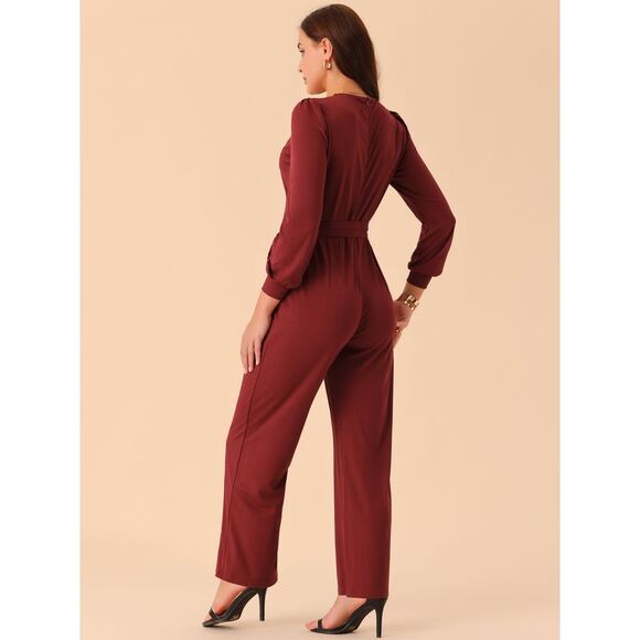 V Neck Jumpsuit Belted Stretchy Wide Leg Long Pant Romper  Wine Red - Picture 4 of 5